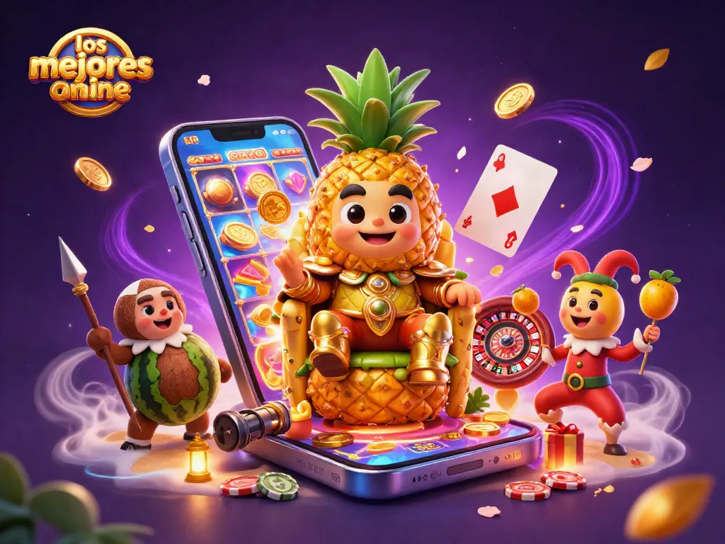 Disfruta de los mejores casinos online con un rey piña y su corte en un vibrante casino digital.