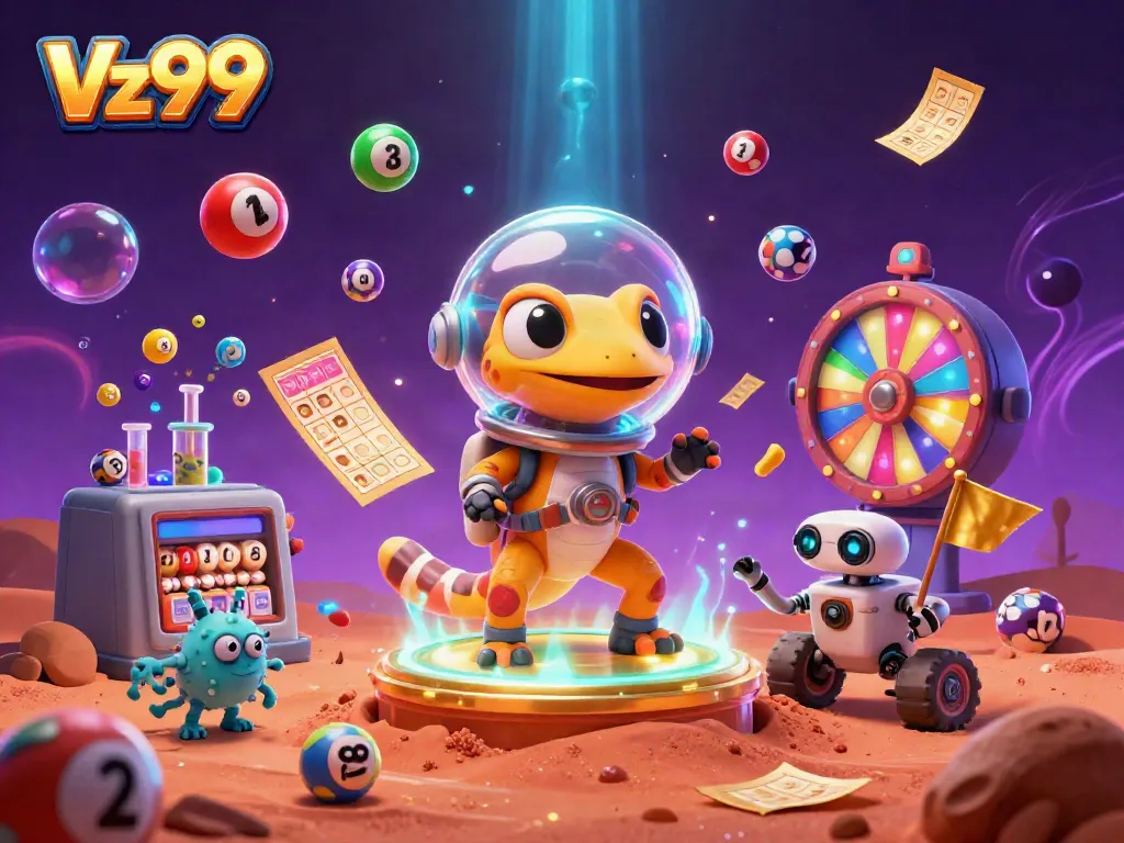 Experience gaming excitement at Vz99 with a Martian gecko discovering a treasure-filled casino.