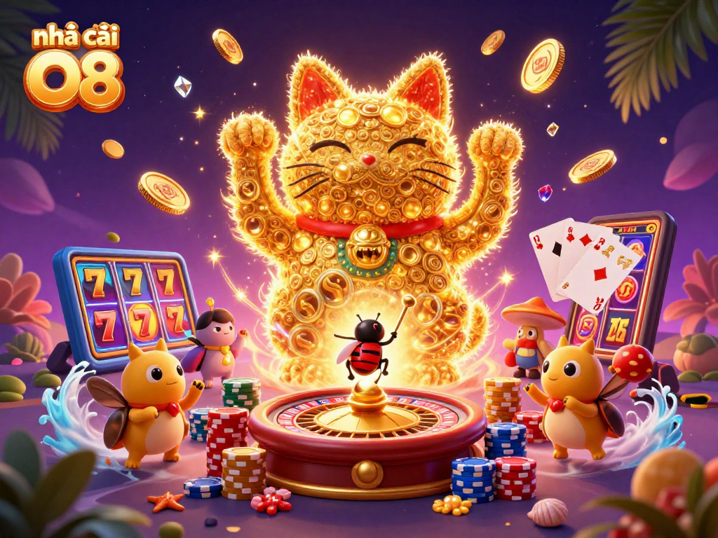 Experience the magic of Nhà cái O8 with vibrant casino elements and intricate 3D characters.
