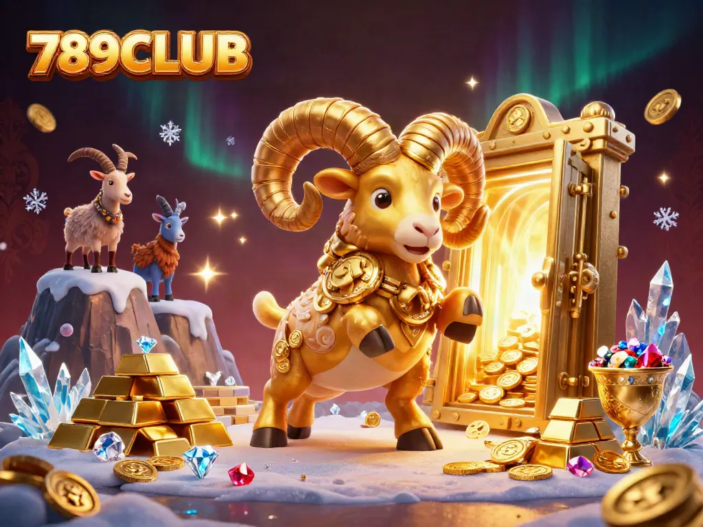 Immerse in the winning spirit at 789CLUB with a golden ram charging through a vibrant casino scene.
