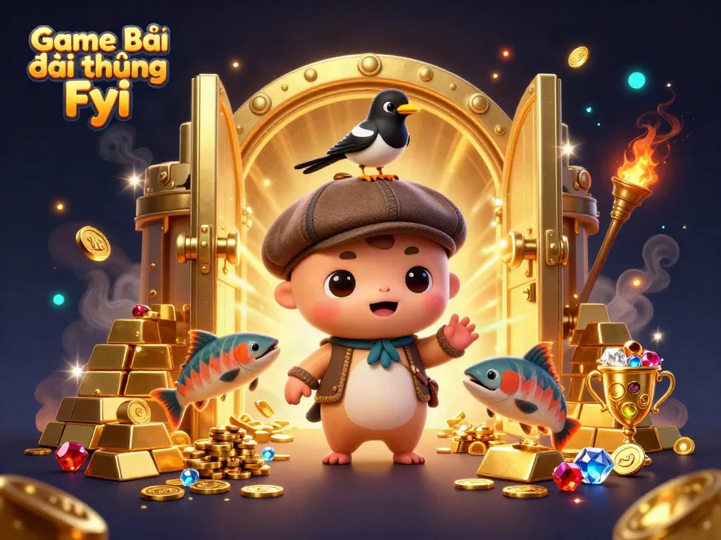 Game Bài Đổi Thưởng Fyi showcases playful characters amid golden gaming treasures, enhancing casino excitement.