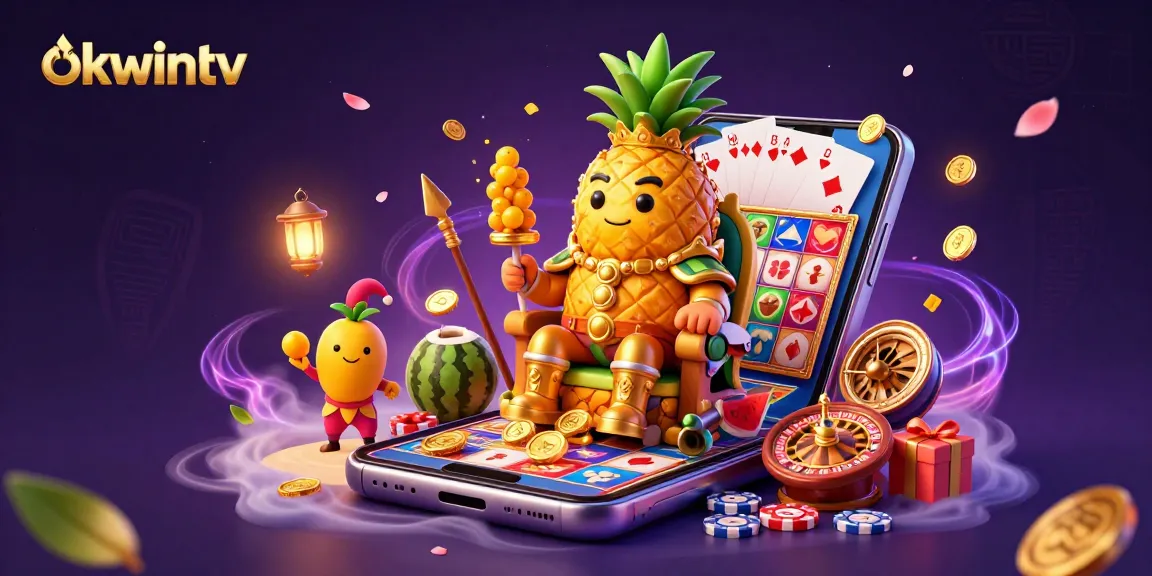 Experience interactive gameplay with okwintv, featuring a golden pineapple king and casino elements.