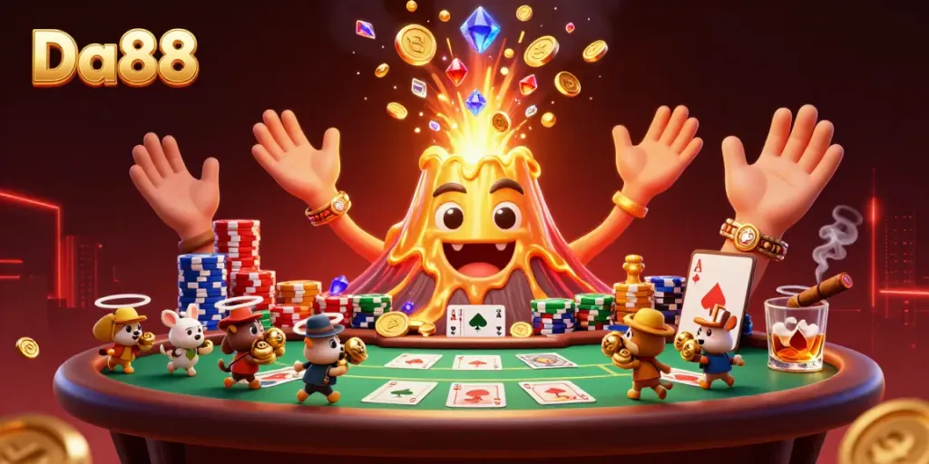 Watch Da88's golden volcano erupting coins and treasures in this vibrant casino party.