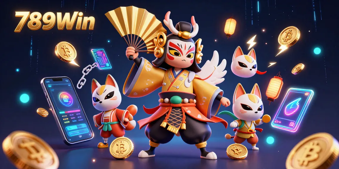 Engage with the vibrant 789Win experience featuring a dynamic casino scene filled with unique characters and cryptocurrency elements.