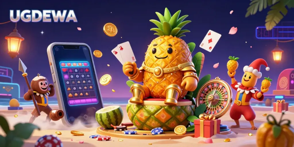 Experience UGDEWA with vibrant 3D lottery characters and dynamic game elements in a lively casino setting.
