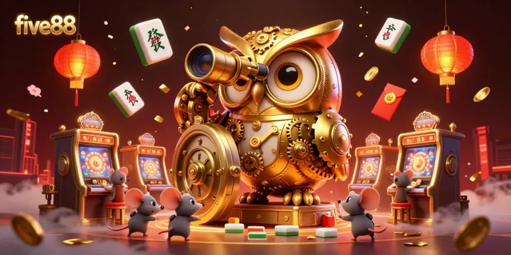 Engage in the vibrant world of five88 with a lively 3D illustration showcasing a whimsical casino scene filled with fortune and excitement.