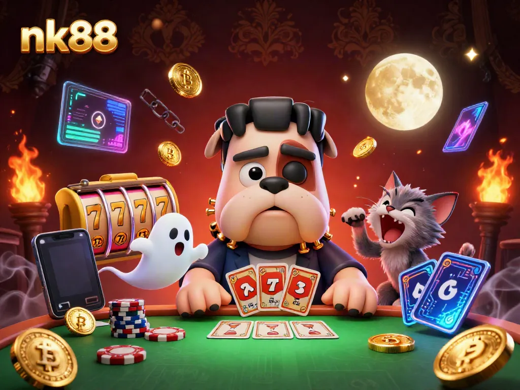 nk88 showcases a dynamic casino scene with characters and glowing crypto coins.