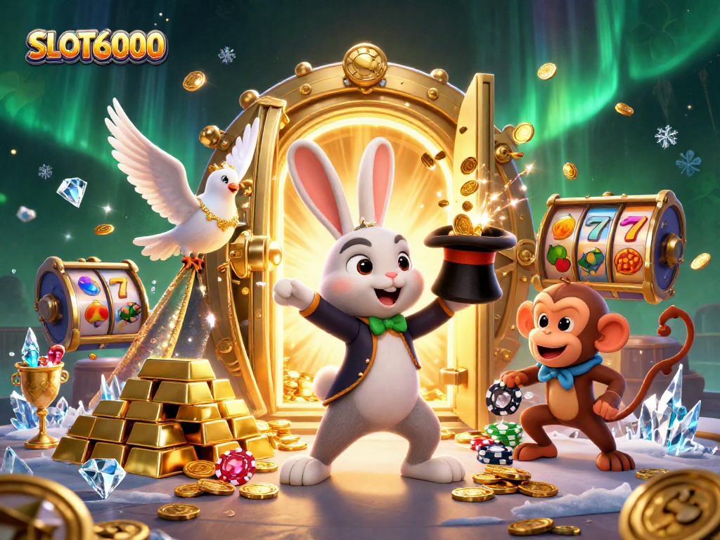 Pull the slot reels to win big with SLOT6000 amidst jewels and coins in a magical scene.