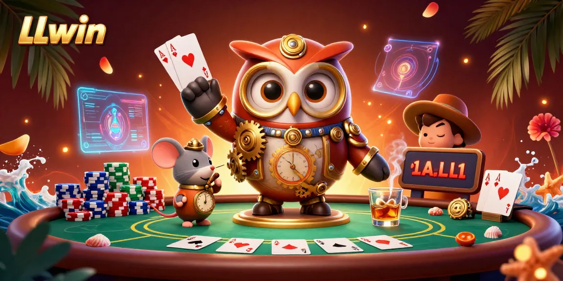 Engage in thrilling action with LLwin, showcasing a dynamic casino setting featuring cards and chips.