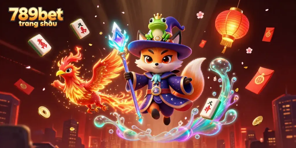 Engage with vibrant visuals of 789bet trang chủ, featuring a wizard fox and phoenix in a magical casino scene.