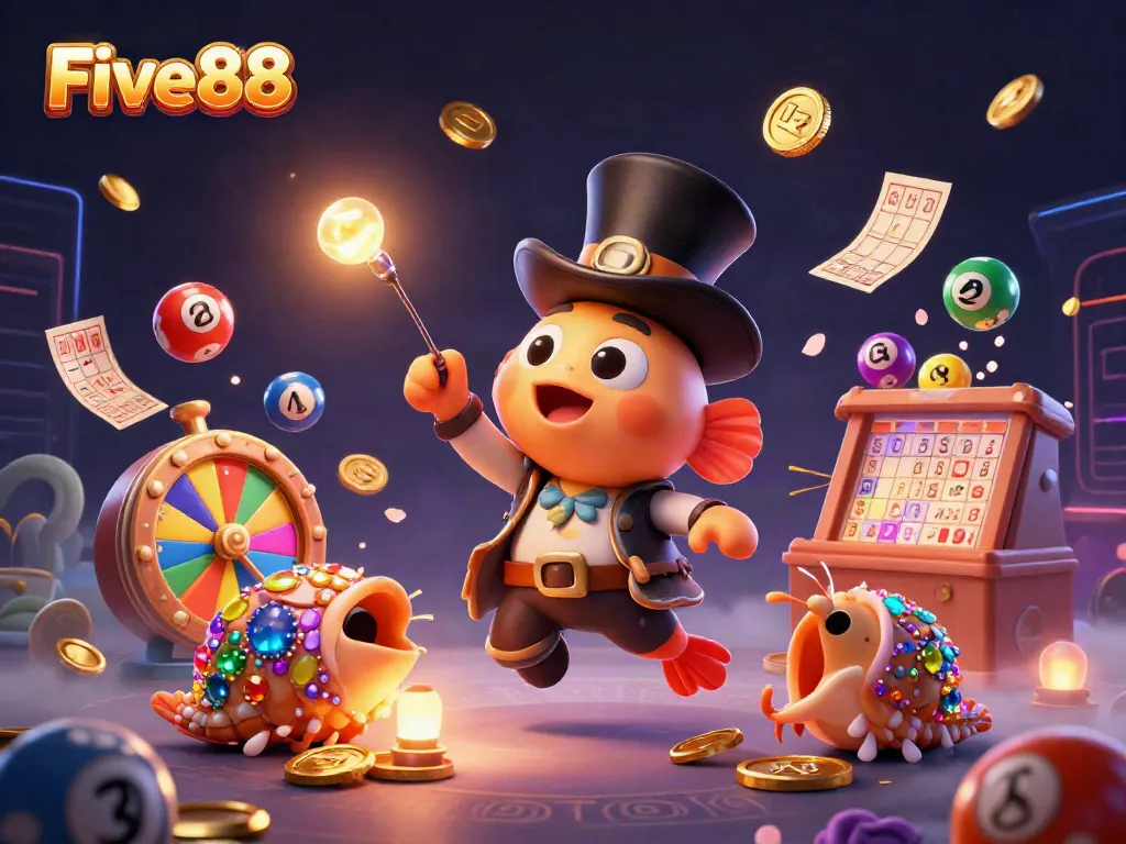 Engage with Five88's 3D casino illustration, showcasing dynamic gaming elements and lively characters.