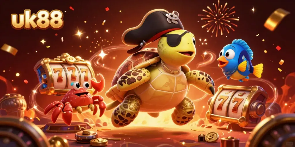 Experience the excitement of uk88 with a vibrant 3D illustration of a pirate turtle, games, and festive elements.