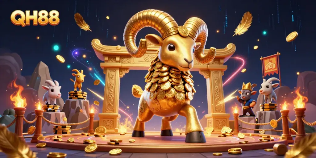 Experience thrilling gameplay at QH88 with vibrant casino action symbolized by a golden ram.