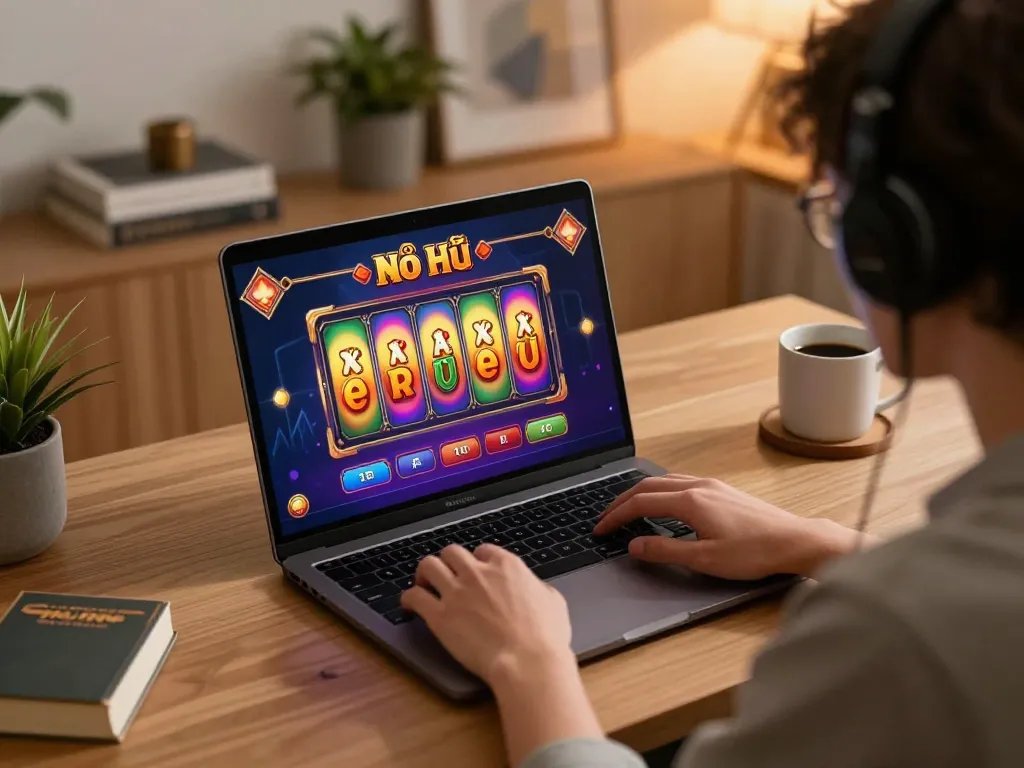 Nổ Hũ game interface displayed on a laptop with spinning reels, showcasing an engaging online gambling setup.