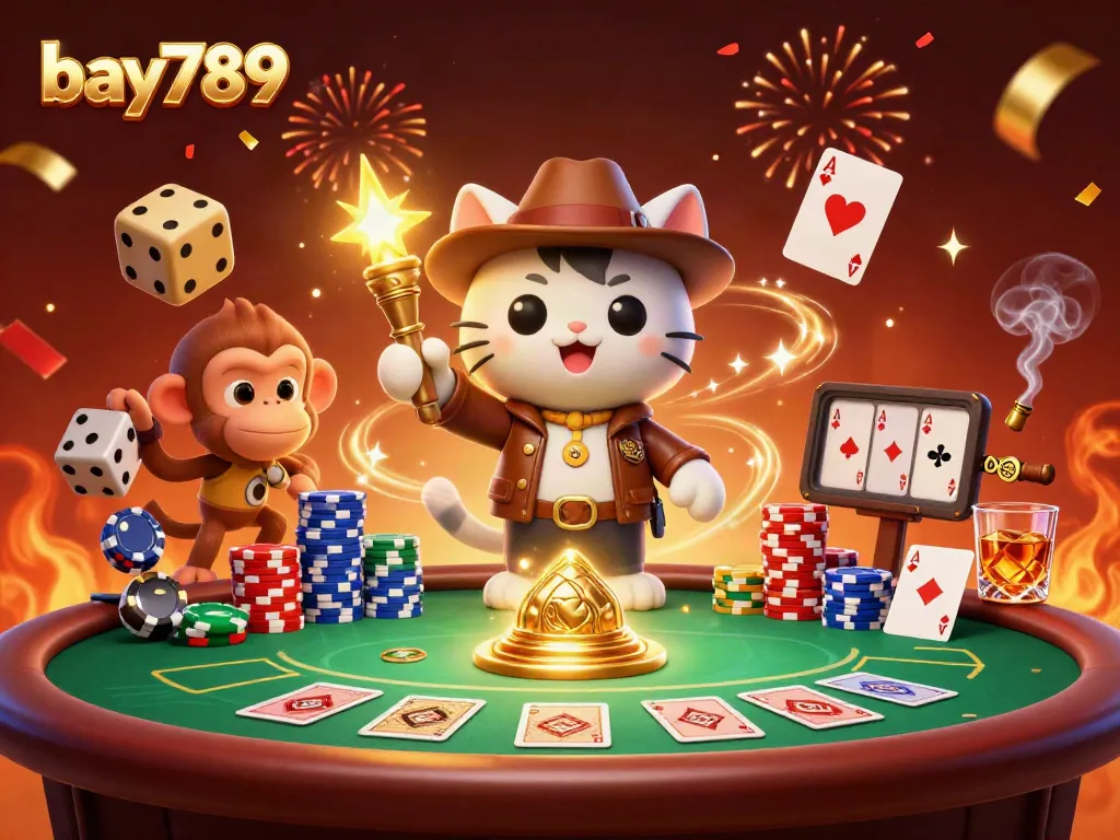 Bay789's animated archeologist cat explores a vibrant casino treasure scene.