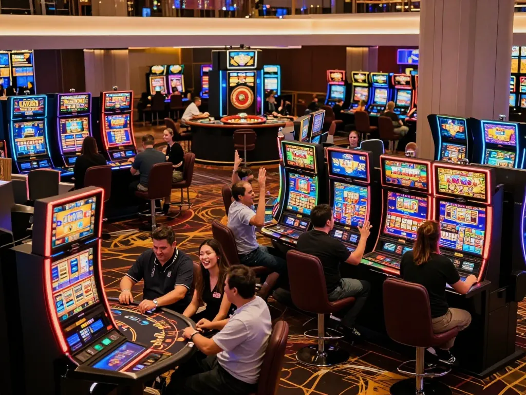 Trải nghiệm sự phấn khích khi giành chiến thắng tại sàn casino sống động của LUCK8 với những người chơi tham gia ăn mừng.