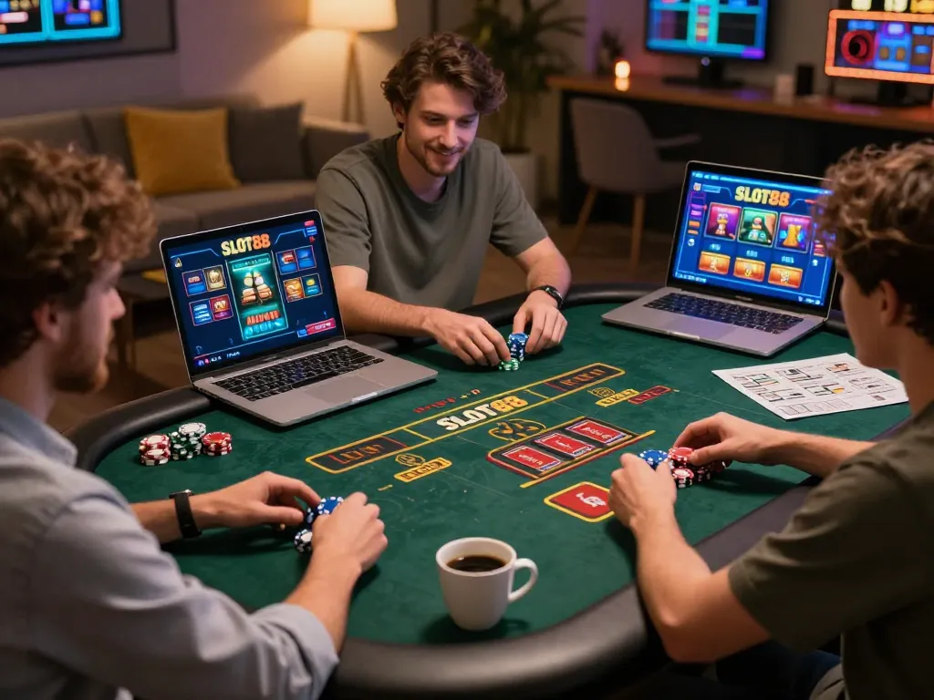 SLOT88 players strategizing at an online casino table, showcasing dynamic gaming action and responsible betting behavior.