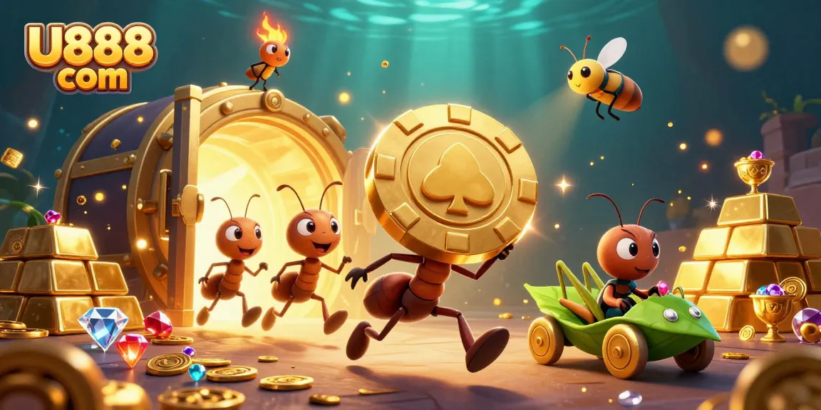 Join the action at U888 com as ants execute a heist with a massive poker chip surrounded by treasures.