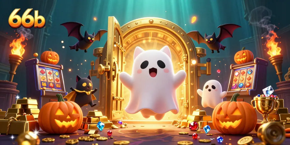 66b ghost cat winning big in a haunted casino while phasing through slot machines and surrounded by treasure.