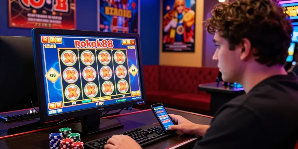 Engaging player immersed in the rokok88 slot game at a colorful online casino setup.