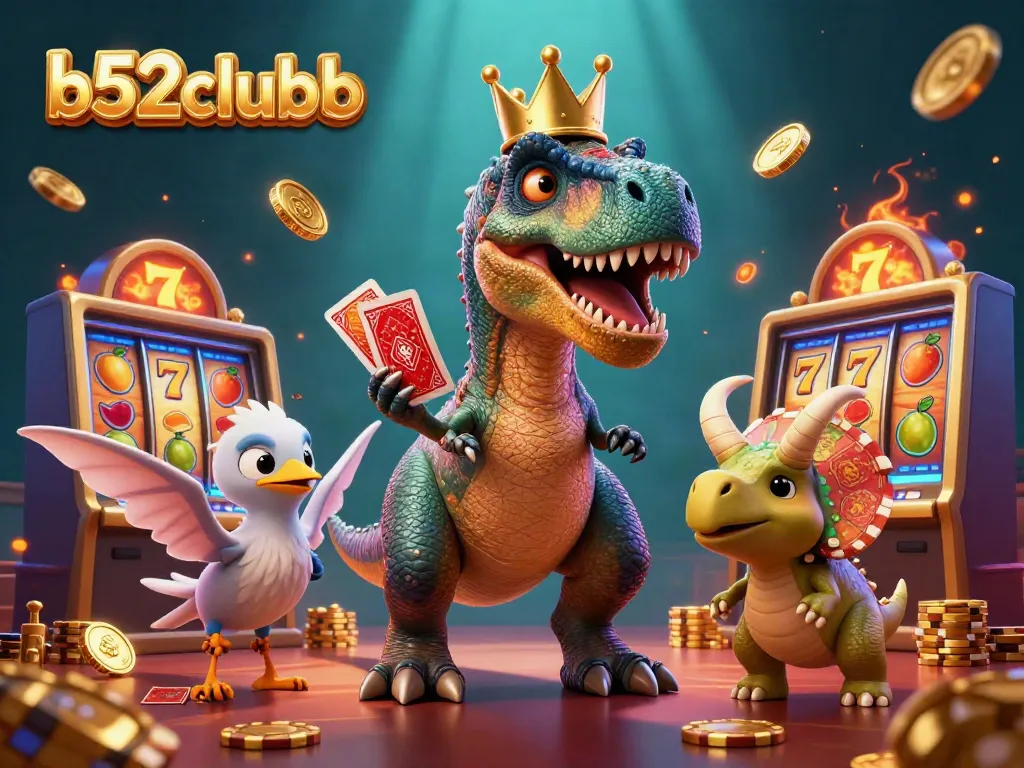 b52clubb showcases a 3D cartoon T-Rex card shuffling with gold coins and slots in a vibrant, energetic casino scene.