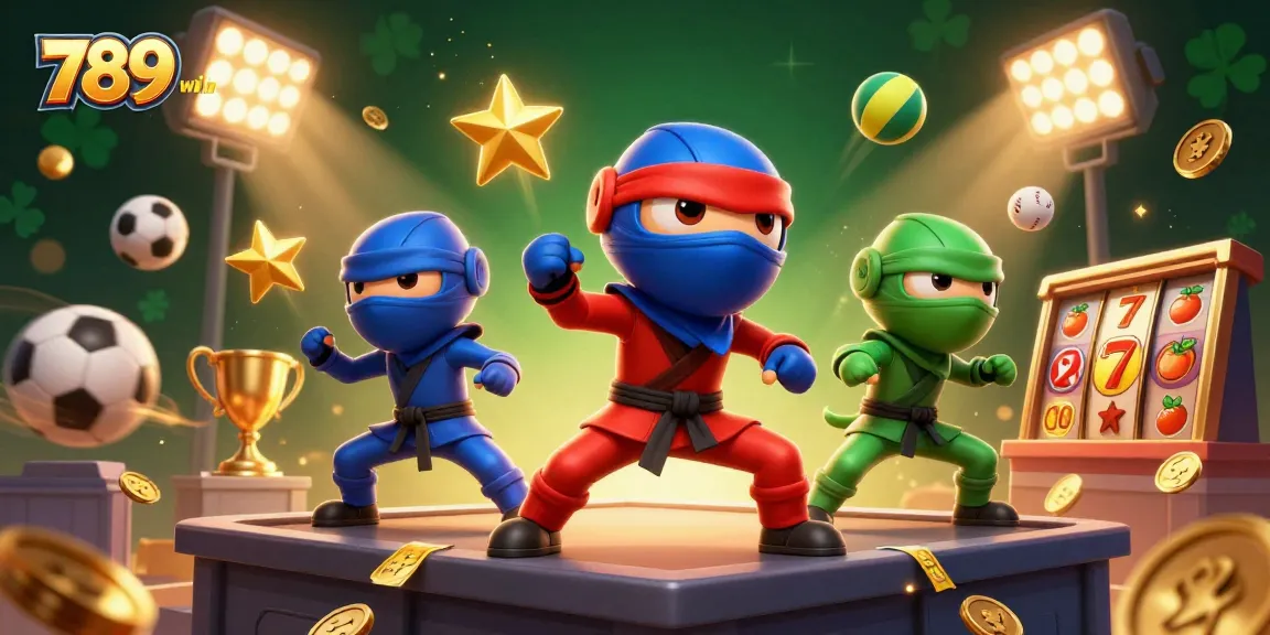 Engage with 789win in an exciting 3D illustration featuring ninja chameleons and vibrant casino elements.