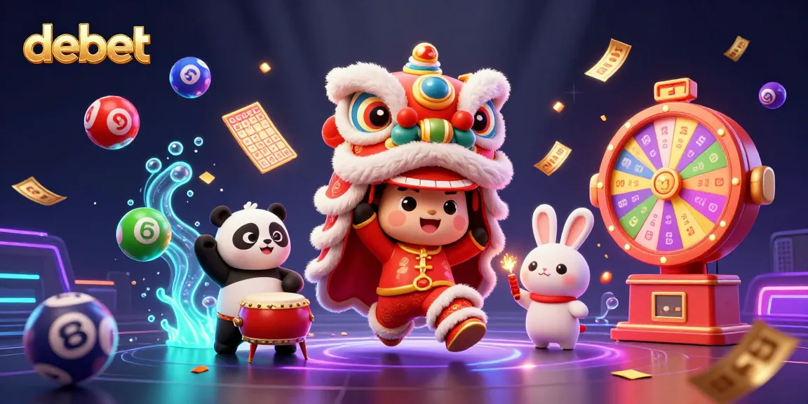 Engage with debet's lively illustration of a festive lion dance, charming characters, and dynamic gaming elements.