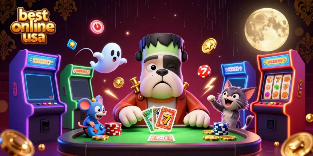 Experience the best online casinos USA with a whimsical 3D scene featuring a Frankenstein bulldog, a ghost mouse, and a werewolf kitten.