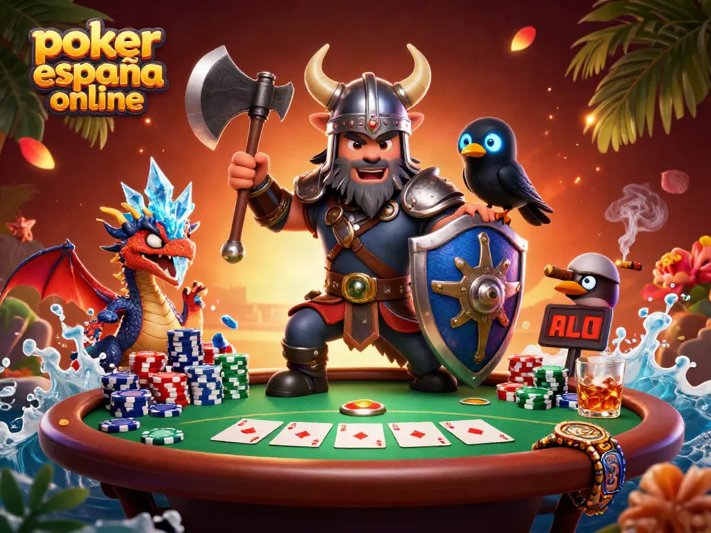 Juega al póker online en España con torres de fichas y cartas ganadoras en un escenario dinámico.