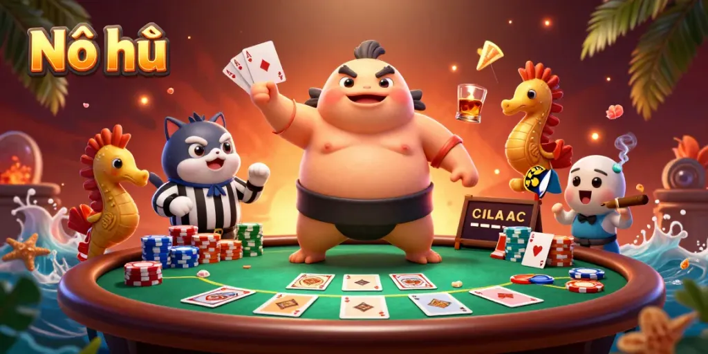 Nổ hũ game showcasing a lively underwater scene with a fugu, catfish, and seahorse spectators amid vibrant poker elements.