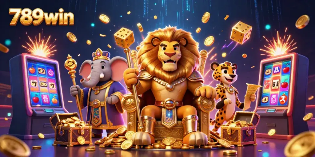 Experience the vibrant world of 789win with a dynamic casino scene featuring a lion king, elephant advisor, and cheetah messenger.