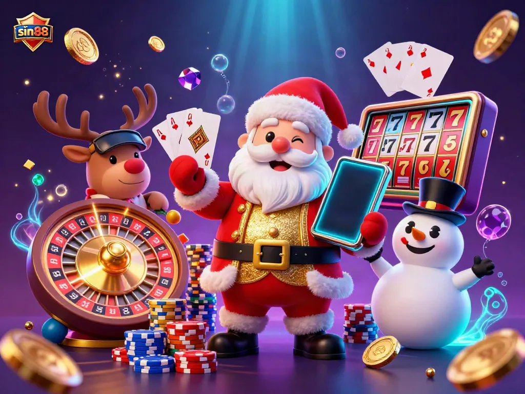 Experience thrilling gameplay with sin88 in this vibrant casino scene featuring Santa, reindeer, and snowman amidst golden coins.