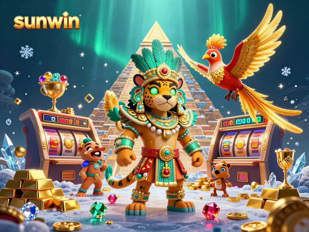 Experience big wins at sunwin with an exciting casino scene featuring 3D characters amid shining gems and jackpots.