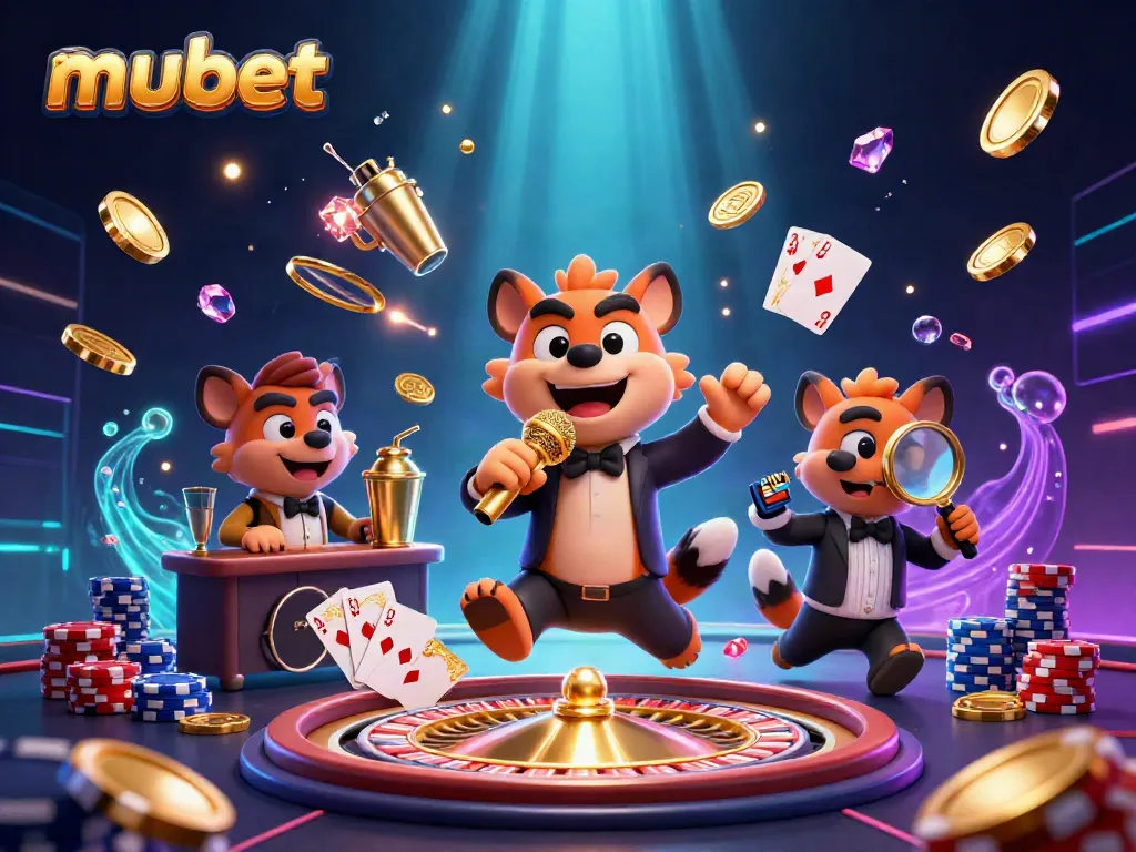 Experience the vibrant world of mubet, featuring lively hyenas in a comedy casino setting, surrounded by sparkling gems and golden coins.