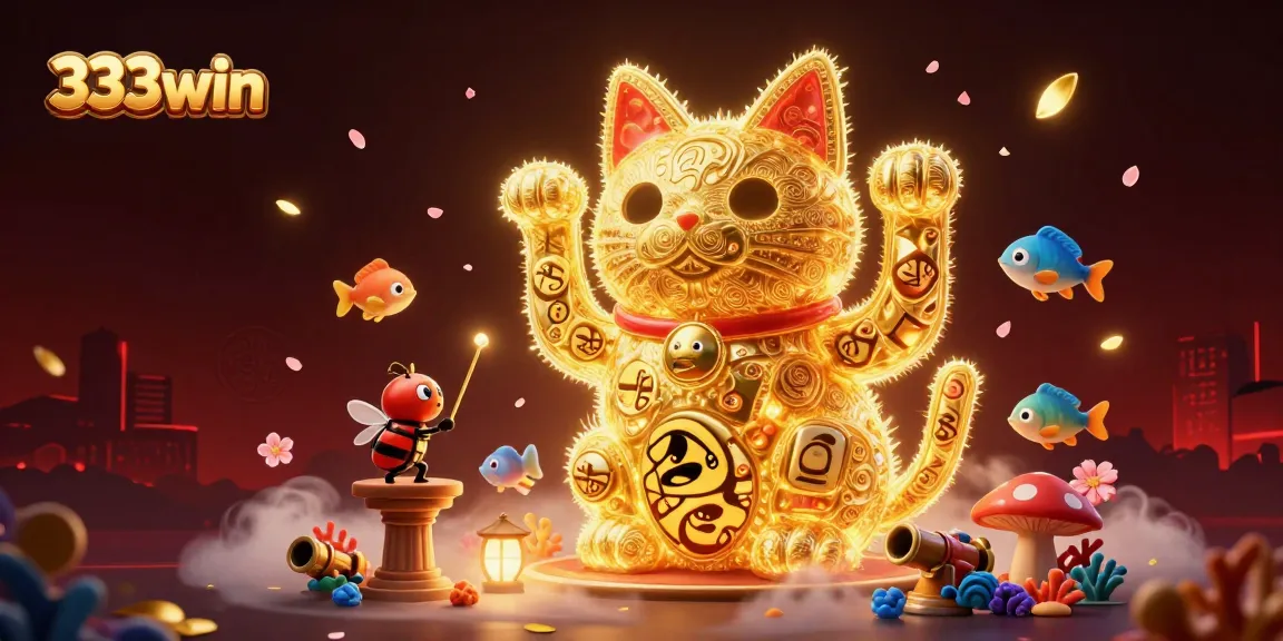 Experience the thrill of 333win's dynamic fish shooting game with a whimsical 3D lucky cat and vibrant sea creatures.