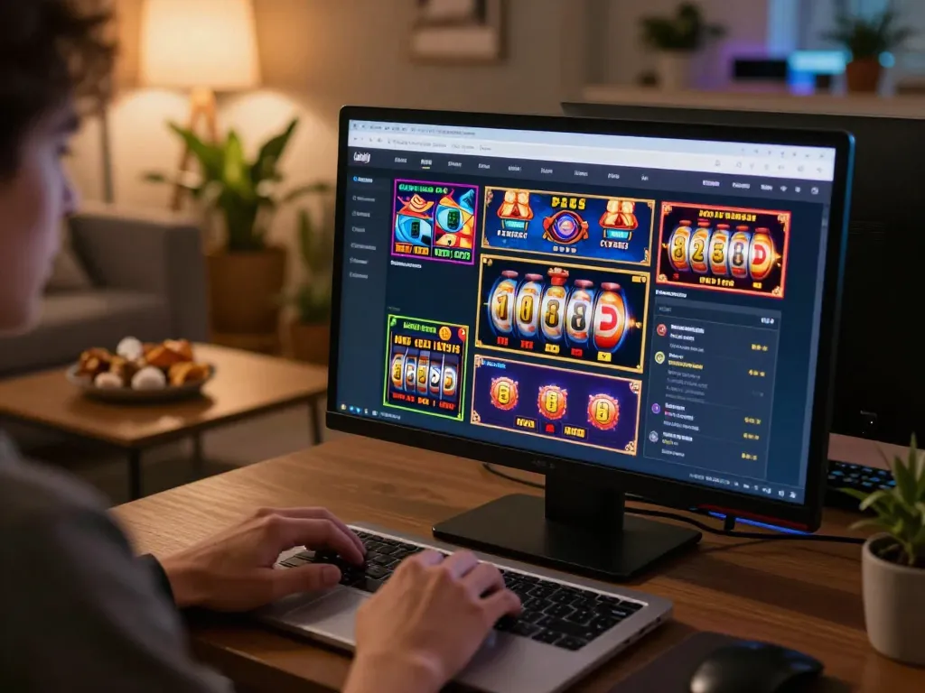Engaging in slot luar negeri online gaming at home, showcasing a lively game interface and cozy atmosphere