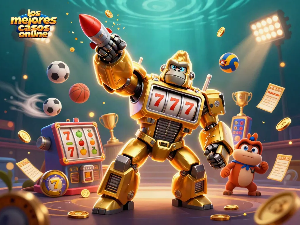 Disfruta de los mejores casinos online con una impresionante ilustración digital de un gorila mecánico y elementos de juego dinámicos.