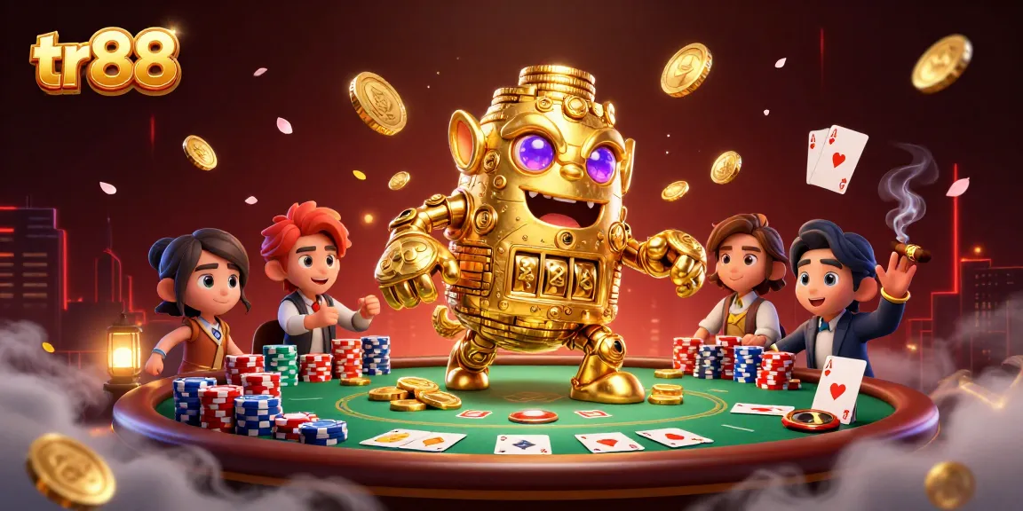 Experience thrilling gameplay at tr88 with a dynamic casino scene featuring a golden golem and vibrant poker elements.