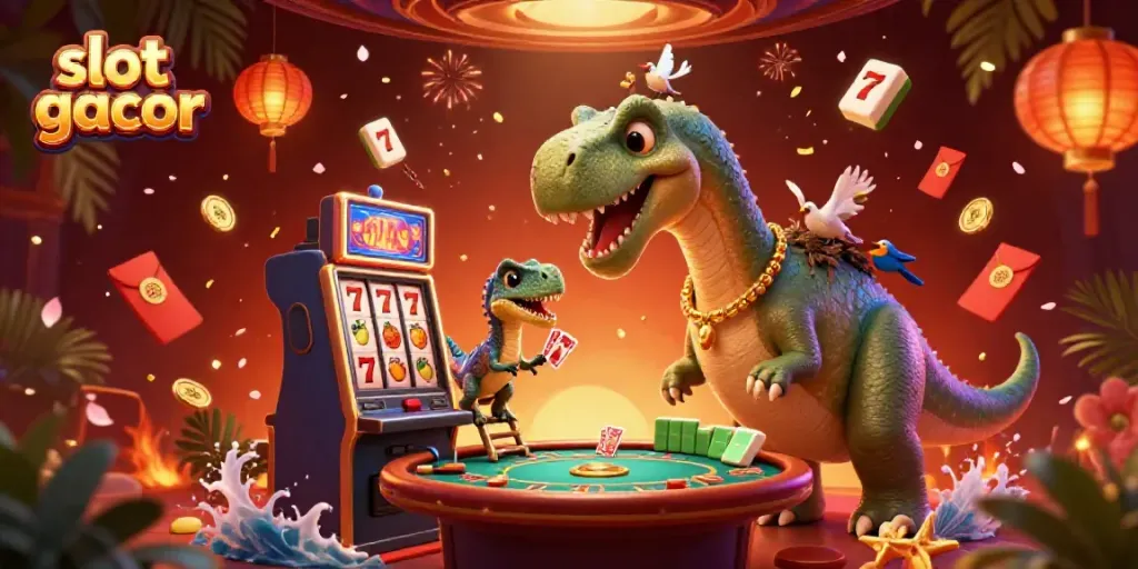 Visualisasi slot gacor dengan dinosaur besar mengamati permainan kartu di kasino yang penuh warna.