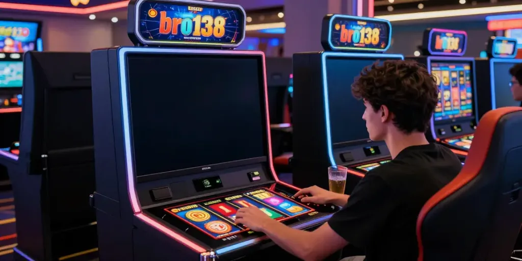 Exciting moment of a player engaging with a bro138 slot game on a high-resolution monitor in a vibrant digital casino.