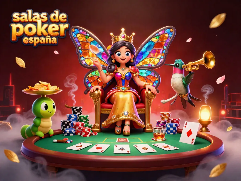 Disfruta de las salas de póker online en España con una reina mariposa y elementos de juego vibrantes.