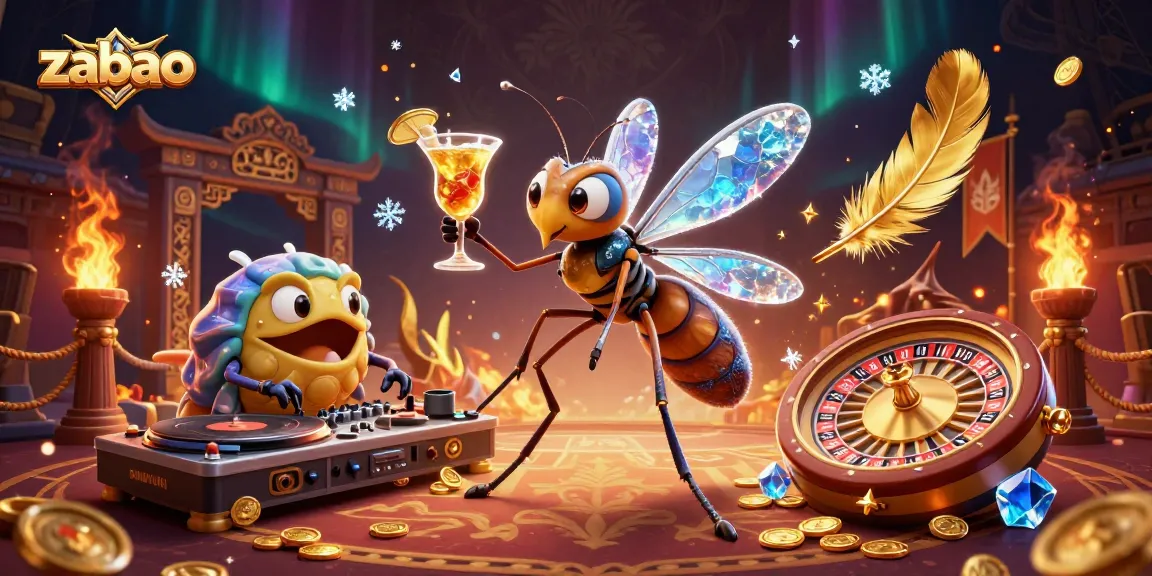 Zaobao showcases a lively casino scene with a frozen mosquito mascot, trilobite DJ, and vibrant casino elements.
