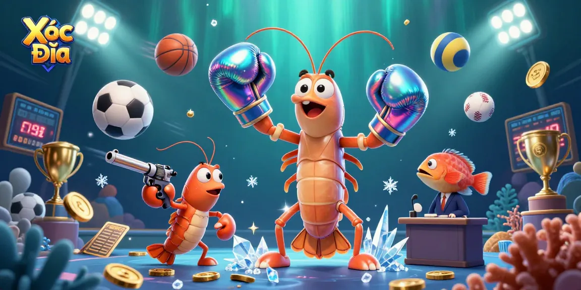 Xóc Đĩa betting action illustrated with vibrant characters amidst flying sports elements and dynamic visuals