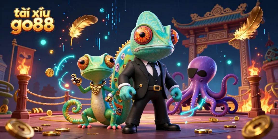 Engage with tài xỉu go88 in an action-packed scene featuring a chameleon agent, gadget gecko, and villainous octopus.