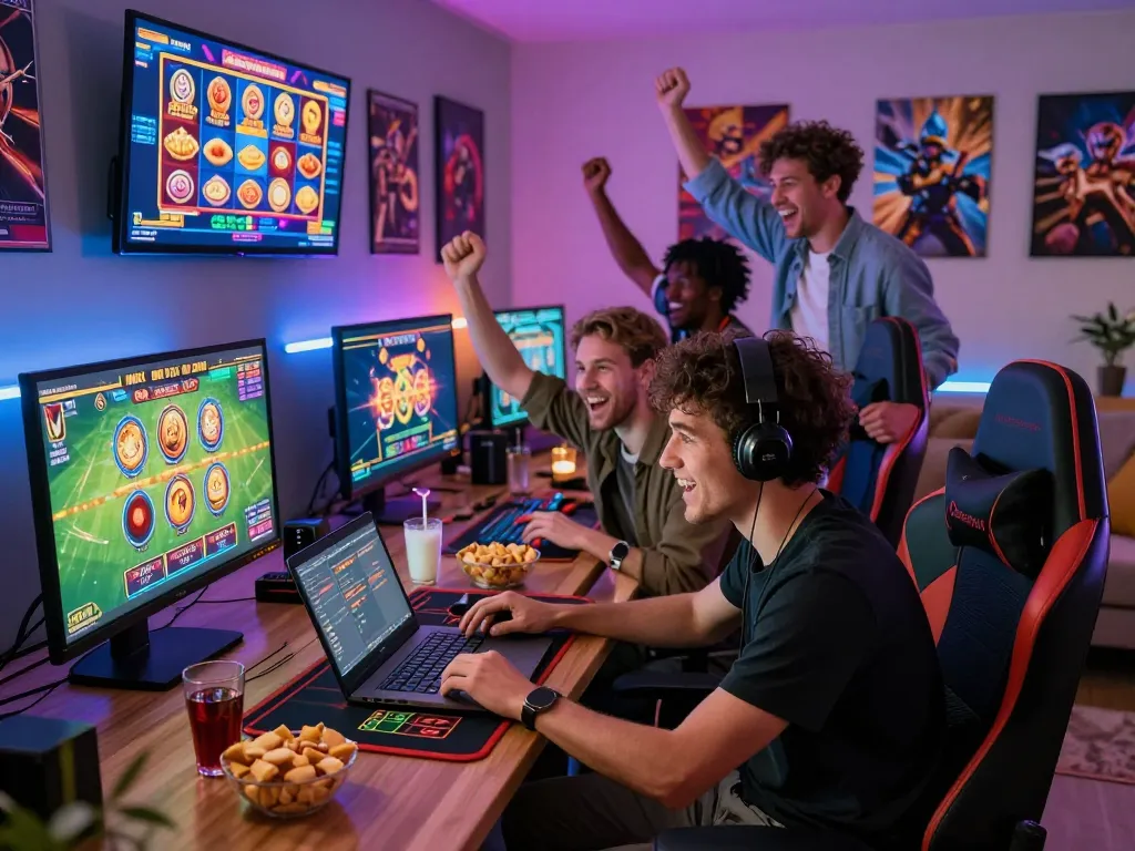 Group of friends enjoying an online gaming session at https://rr88c.mobi/, celebrating wins with snacks in a vibrant living room.