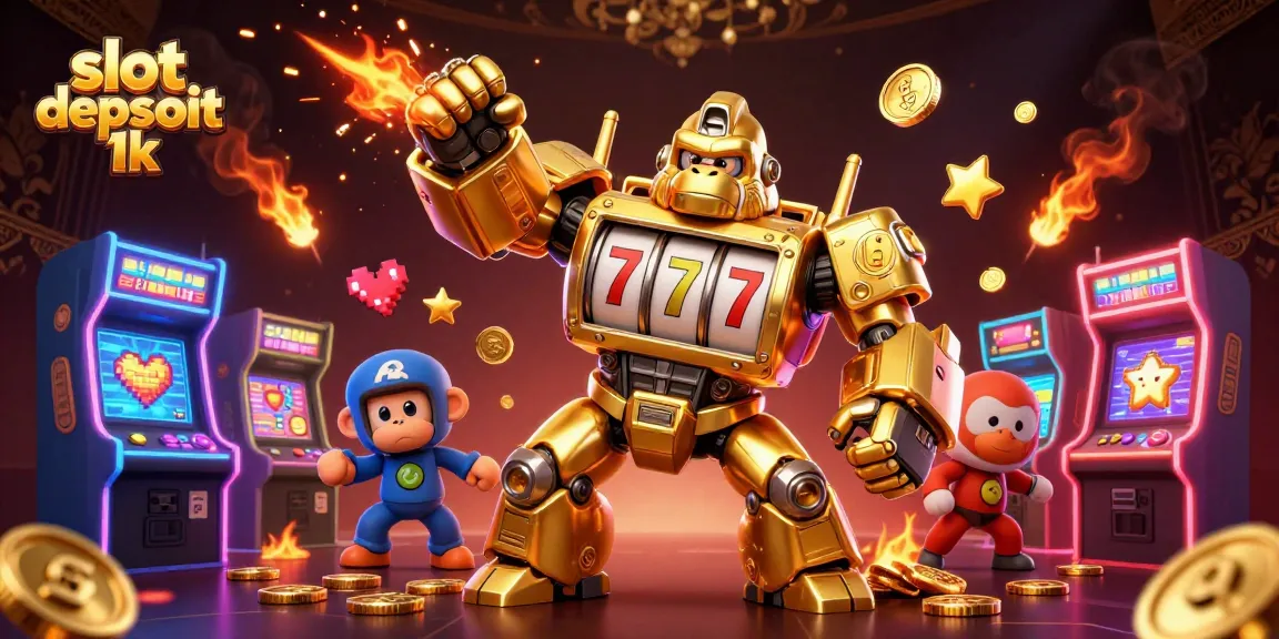 Win big with the slot depsoit 1k golden gorilla mech surrounded by colorful gaming elements.