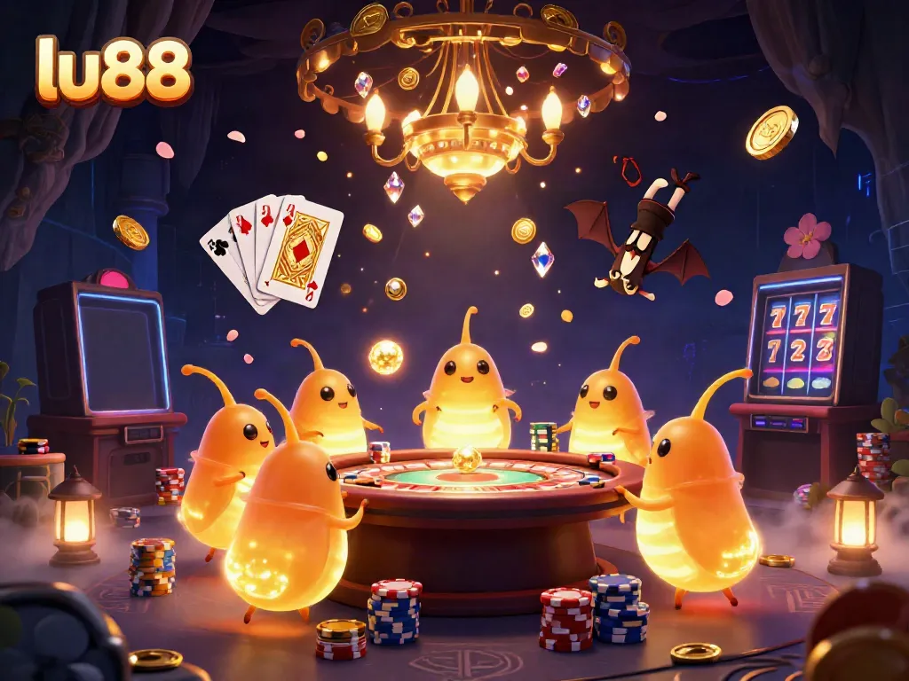 Experience thrilling gaming at lu88 with vibrant glowworms illuminating a fun casino scene.