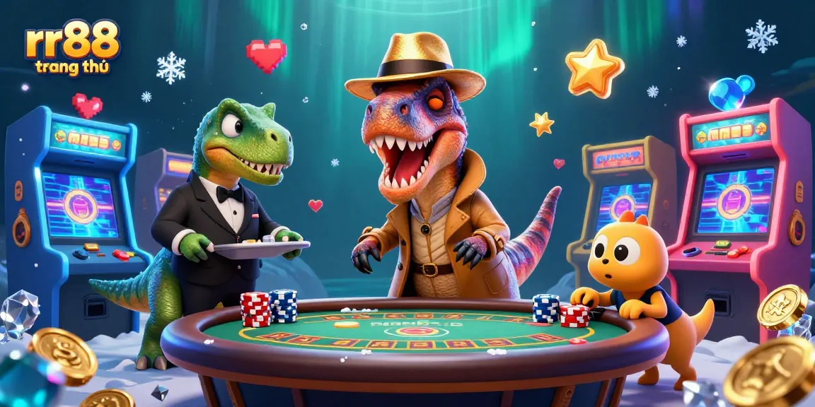 Enjoy thrilling gameplay at rr88 trang chủ with a dynamic casino illustration featuring playful dinosaurs.