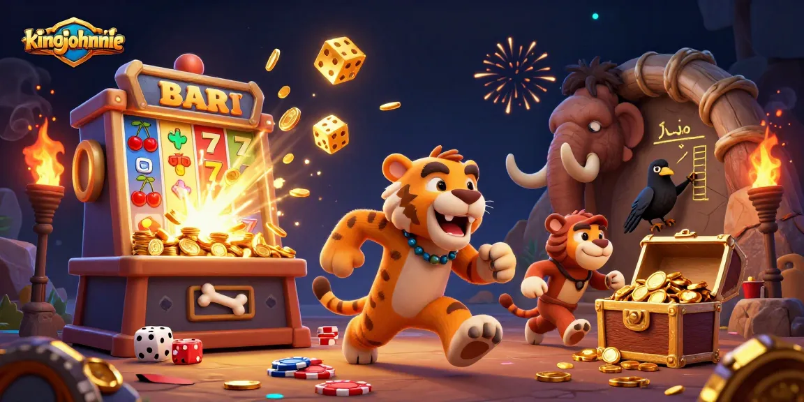 Engage with kingjohnnie's thrilling casino adventure, featuring lively caveman characters alongside jackpot slot machine elements.