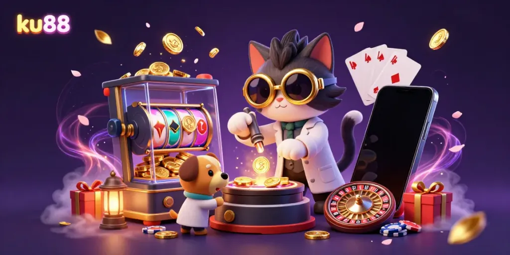 Spin to win at ku88 with vibrant casino illustrations featuring a mad scientist cat and dog.